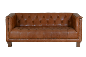 Gebruikte moderne chesterfield bank met geknoopte zitting in cognac kleur