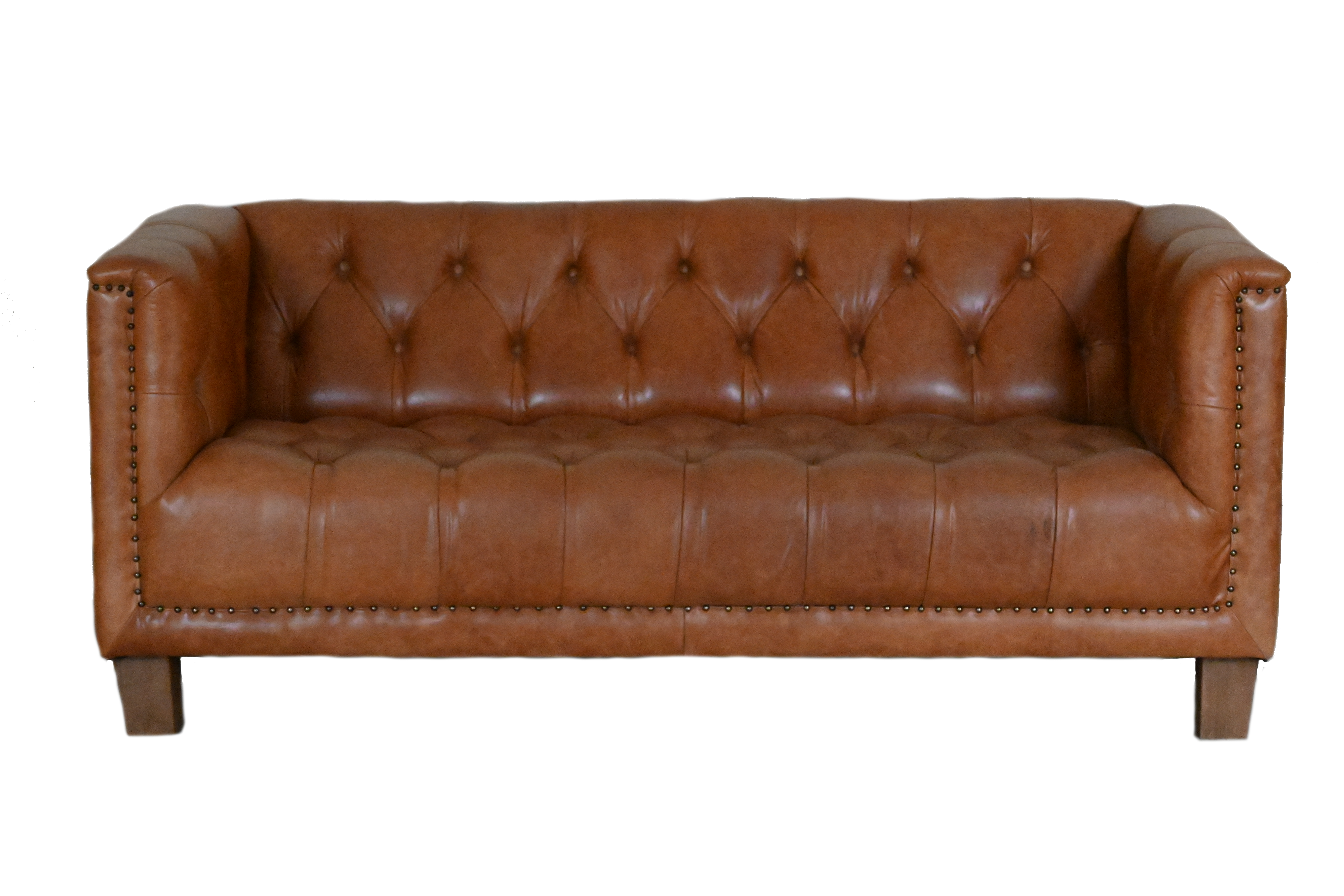 Gebruikte moderne chesterfield bank met geknoopte zitting in cognac kleur