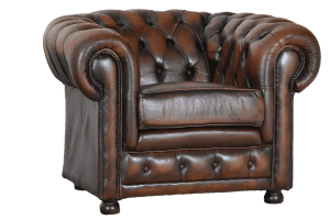 Chesterfield fauteuil model York met fishmouth vering en afgeronde rugleuning, getoond in een stijlvolle interieursetting.#234697