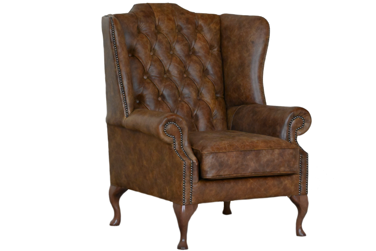 Ontdek de High Class Flat Wingchair Collection actie met tijdloze Chesterfield oorfauteuils in luxe leer in de kleur Vintage Tobacco