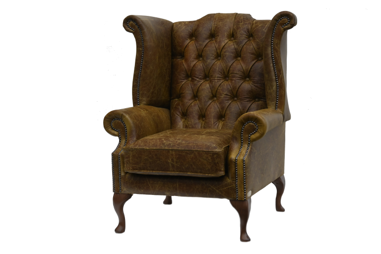 Ontdek de High Class Scroll Wingchair Collection actie met tijdloze Chesterfield oorfauteuils in luxe leer in de kleur Vintage Cognac