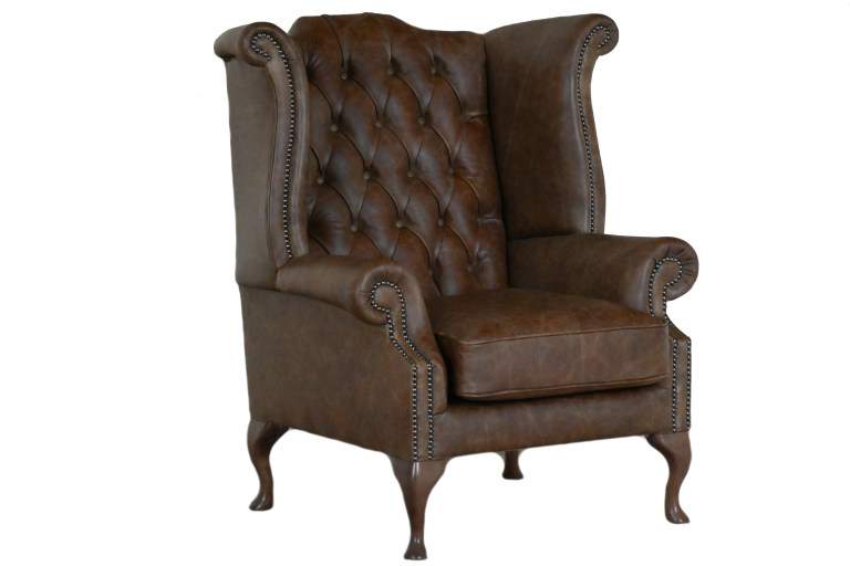 Ontdek de High Class Scroll Wingchair Collection actie met tijdloze Chesterfield oorfauteuils in luxe leer in de kleur Vintage Tobacco