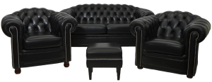 Complete Highlander set 3+1+1+pouffe is een stijlvolle Chesterfield in effen, duurzaam zwart leersoort. Een luxueus, premium model, te koop in Eindhoven