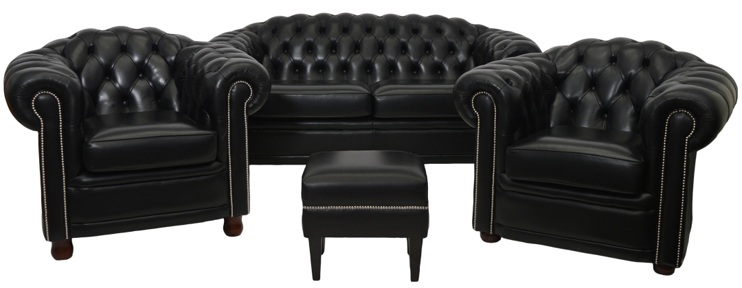 Complete Highlander set 3+1+1+pouffe is een stijlvolle Chesterfield in effen, duurzaam zwart leersoort. Een luxueus, premium model, te koop in Eindhoven